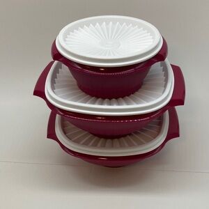 Vintage Tupperware Servalier Bowl Set of 3 Burgundy & White Lid